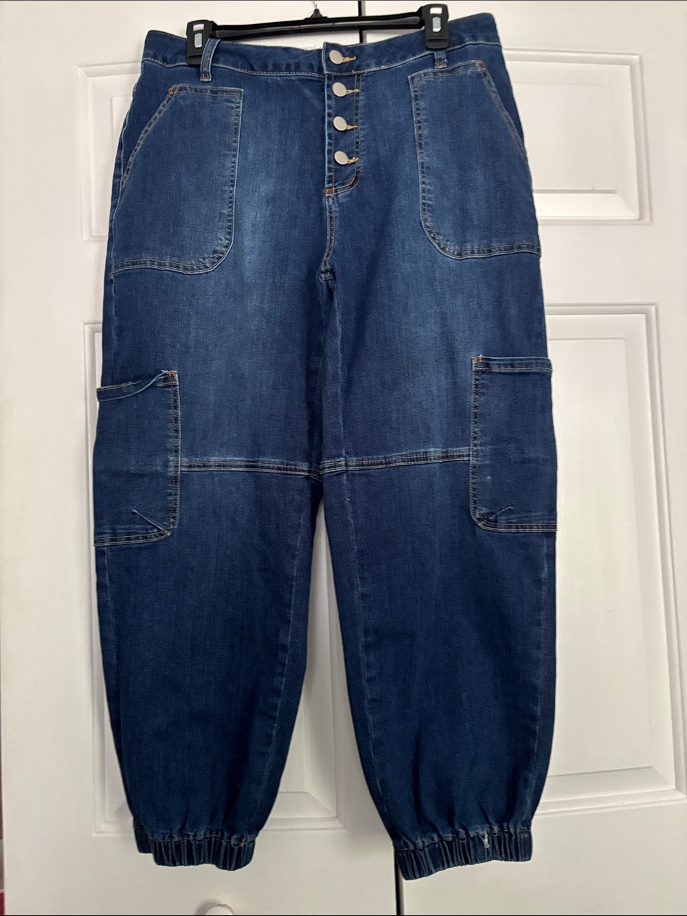Women's Dark Blue Cropped Cargo Denim Pants